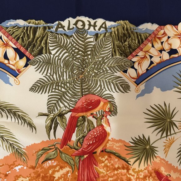 Vintage Hermes Paris Aloha '00 100% Silk Navy Blue Hawaiian Motif Signed Toutsy - Picture 10 of 12